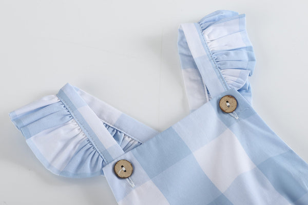 Large Check Blue Gingham Ruffle Button Romper