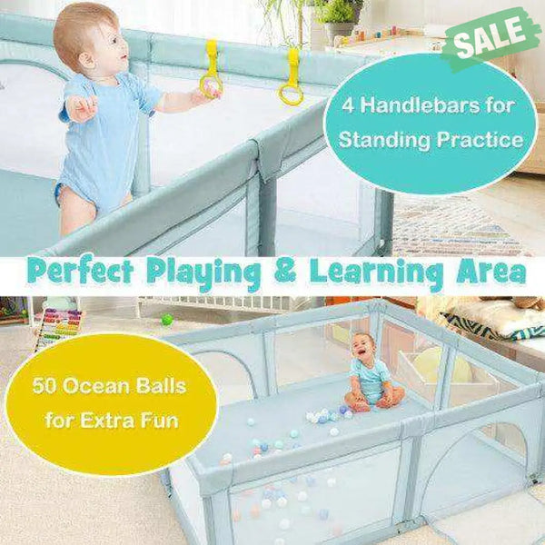 Large Infant Baby Playpen Safety Play Center Yard with 50 Ocean Balls-Blue Blue Baby Playpen & Playards