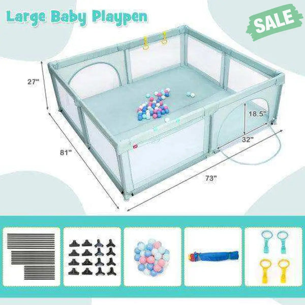 Large Infant Baby Playpen Safety Play Center Yard with 50 Ocean Balls-Blue Blue Baby Playpen & Playards