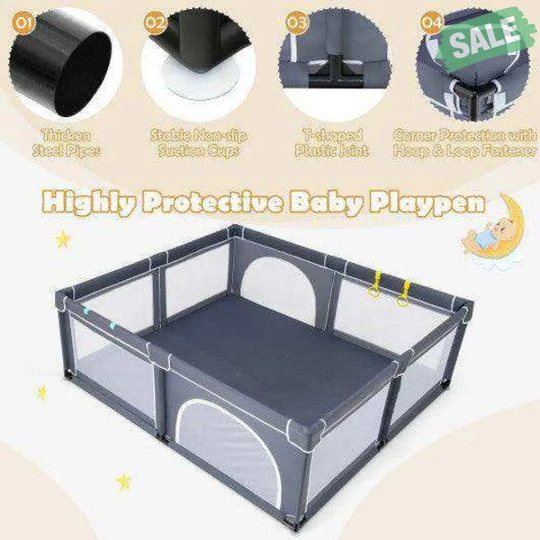 Large Infant Baby Playpen Safety Play Center Yard with 50 Ocean Balls-Dark Gray