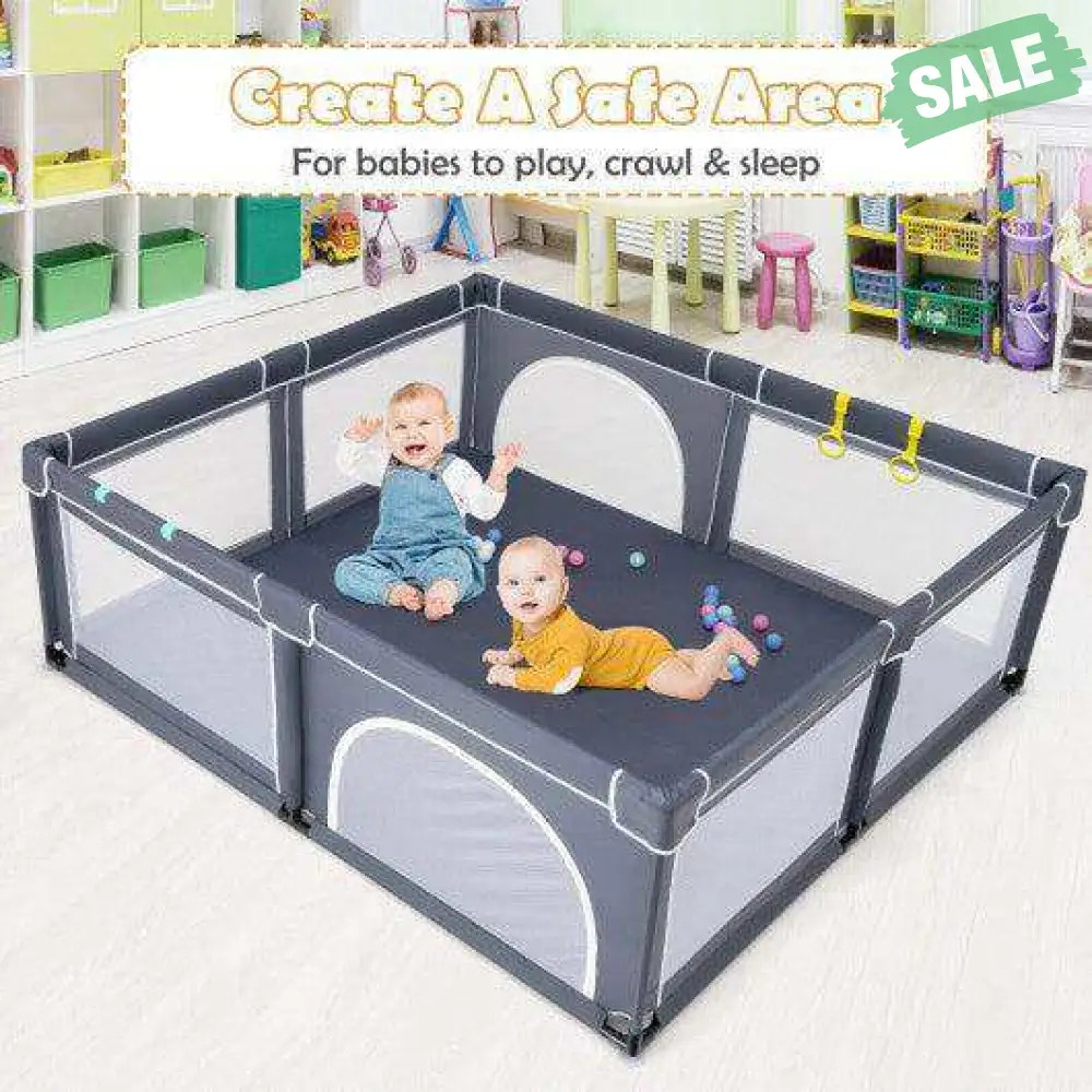 Large Infant Baby Playpen Safety Play Center Yard with 50 Ocean Balls-Gray