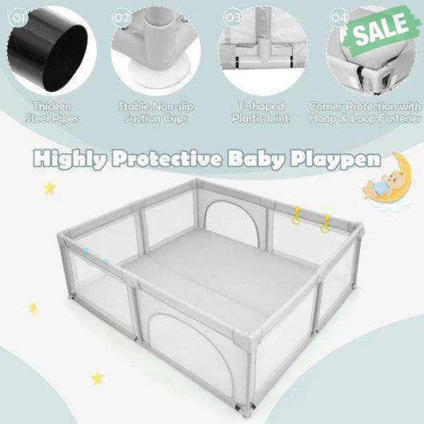 Large Infant Baby Playpen Safety Play Center Yard with 50 Ocean Balls-Gray