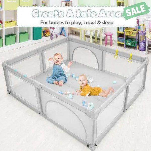 Large Infant Baby Playpen Safety Play Center Yard with 50 Ocean Balls-Gray