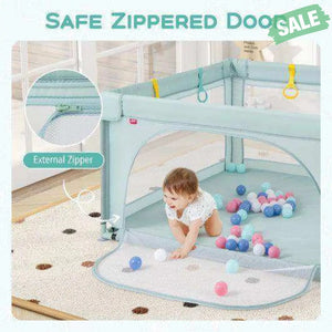 Large Kids Activity Center Baby Playpen for Toddlers with 4 Pull Rings-Blue