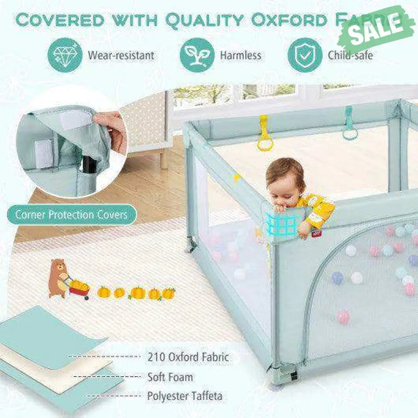 Large Kids Activity Center Baby Playpen for Toddlers with 4 Pull Rings-Blue