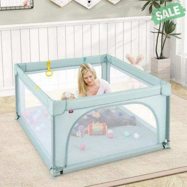 Large Kids Activity Center Baby Playpen for Toddlers with 4 Pull Rings-Blue