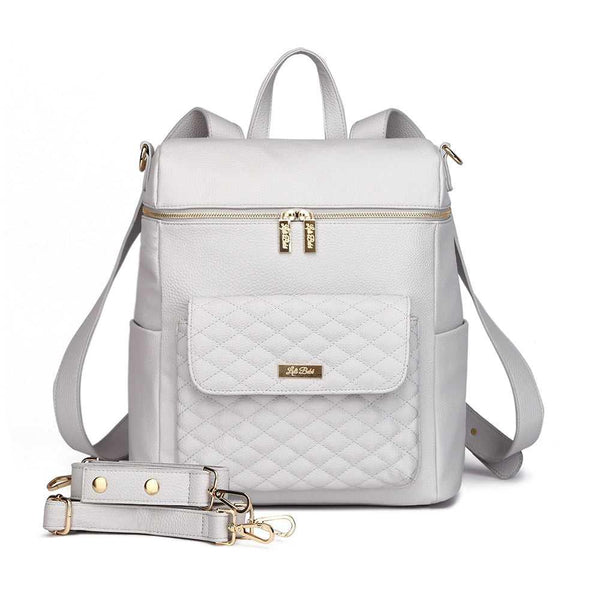 Signature Diaper Bag in Stone Grey, stylish and functional for modern parents, shown from angle 6.
