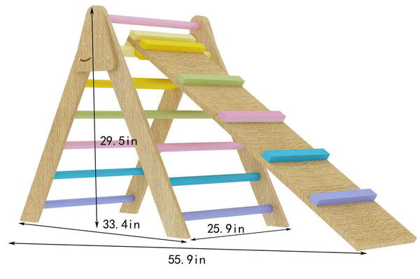 Olive Pikler Triangle Ladder and Climber Slide in multiple sizes, perfect for indoor play and development.