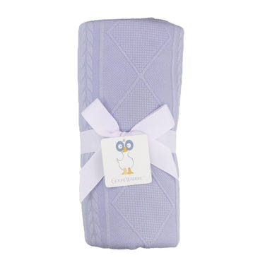 Soft lavender knit baby blanket, perfect for cozying up your little one.