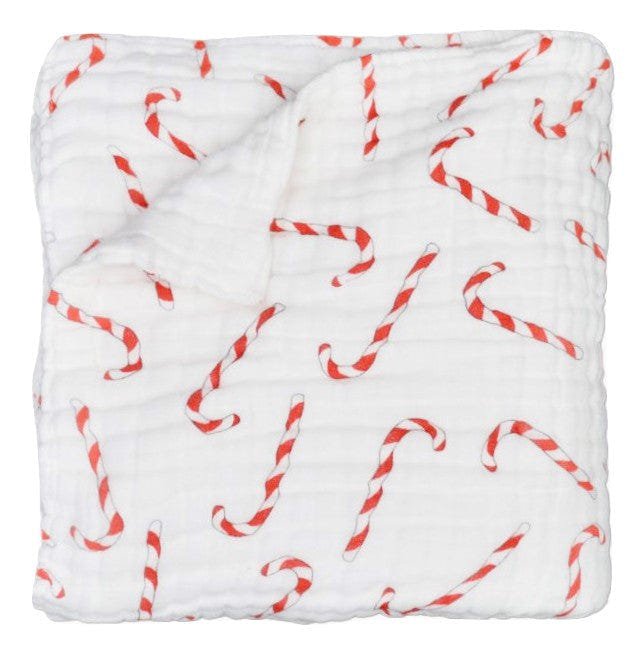 Soft cotton muslin candy cane quilt for babies, perfect for cozy naps and stylish nursery decor.