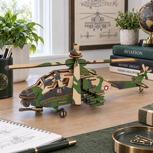 Apache Helicopter Model Kit - Wooden Laser-Cut 3D Puzzle (82 Pcs)