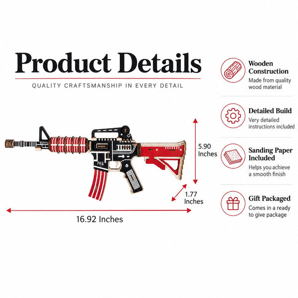 M4 AR-15 Model Kit - Wooden Laser-Cut 3D Puzzle (66 Pcs)