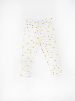 Organic cotton leggings in yellow hearts pattern, angle view, perfect for babies and toddlers.