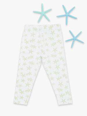 Organic cotton leggings in green starfish pattern, angle view, perfect for babies and toddlers.