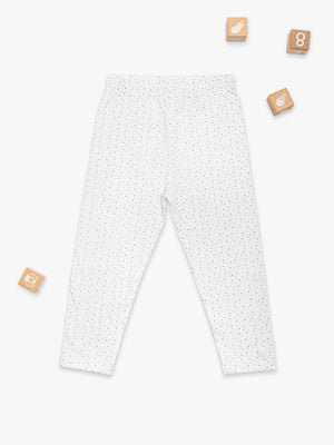 Organic cotton polka dot leggings for babies, angle view showcasing soft fabric and playful design.