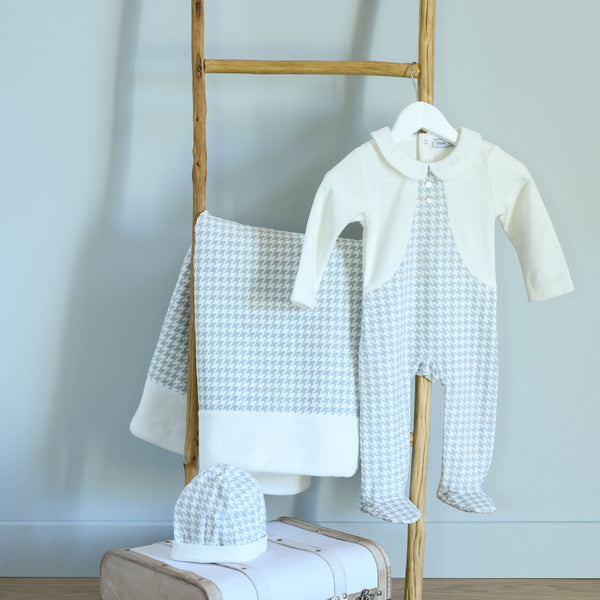 ELEONOR | Ivory & Blue Houndstooth Velour Babygrow