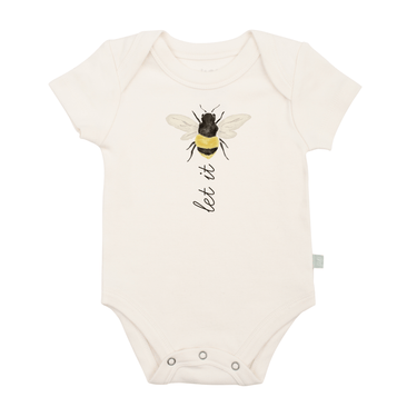 Short sleeve graphic bodysuit for babies featuring "Let It Bee" design. Perfect for stylish and comfy outfits.