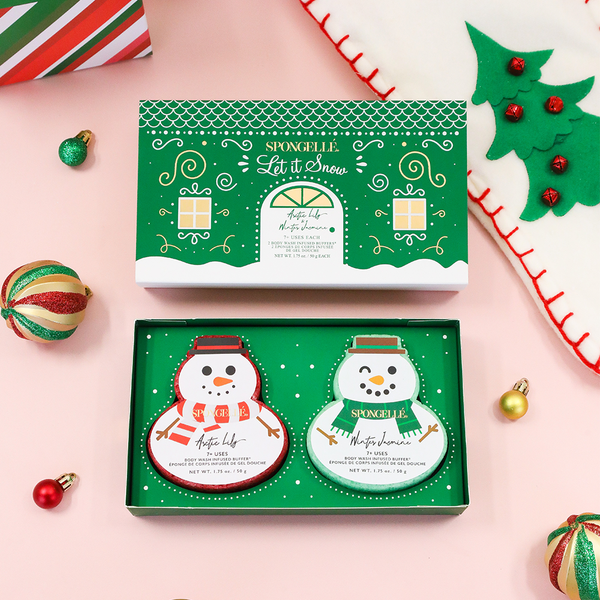 Holiday Snowman Gift Set body wash infused buffer, angle 2 view, perfect for festive gifting.