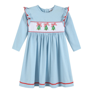 Light Blue Christmas Tree Smocked Knit Dress