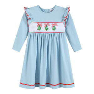 Light Blue Christmas Tree Smocked Knit Dress