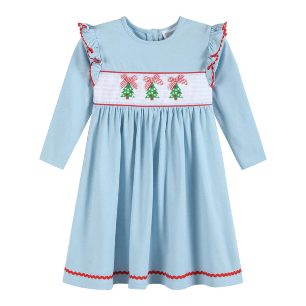 Light Blue Christmas Tree Smocked Knit Dress