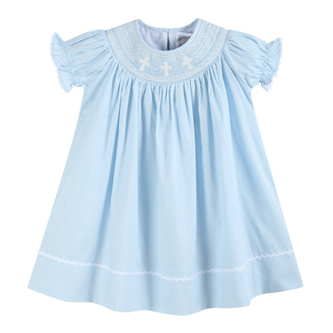 Light Blue Crosses Smocked Bishop Dress