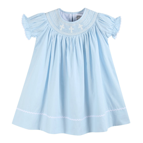 Light Blue Crosses Smocked Bishop Dress