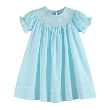 Light blue daisy smocked bishop dress for babies, perfect for special occasions and everyday wear.