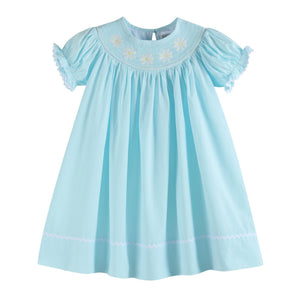 Light blue daisy smocked bishop dress for babies, perfect for special occasions and everyday wear.