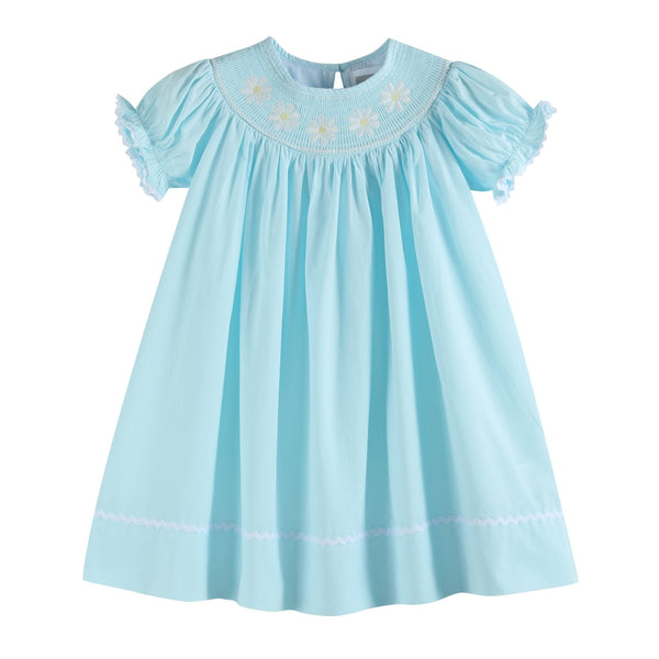 Light blue daisy smocked bishop dress for babies, perfect for special occasions and everyday wear.
