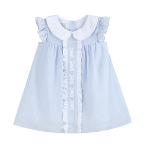Light blue Easter bunny ruffle yoke dress for babies, perfect for spring celebrations and special occasions.