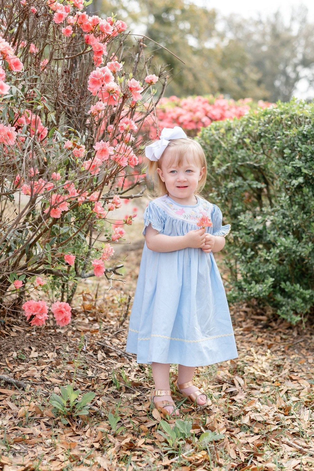 Light blue Easter smocked bishop dress for babies, perfect for spring celebrations and special occasions.