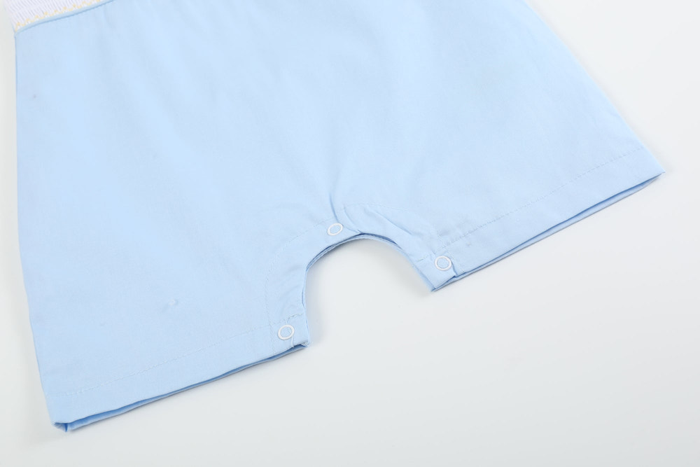 Light blue Easter smocked shortalls for babies, perfect for spring outfits and festive occasions.