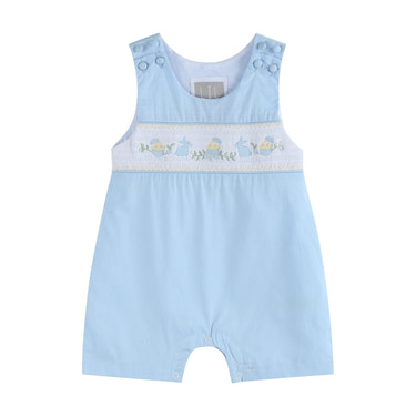 Light blue Easter smocked shortalls for babies, perfect for spring outfits and festive occasions.