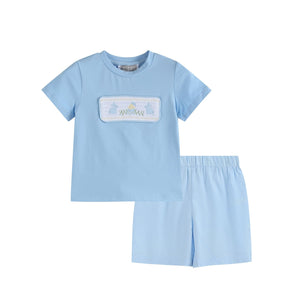 Light Blue Easter Smocked T-Shirt and Shorts Set for babies, perfect for spring celebrations.