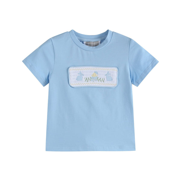 Light blue Easter smocked t-shirt and shorts set for babies, displayed at an angle. Perfect for spring celebrations.