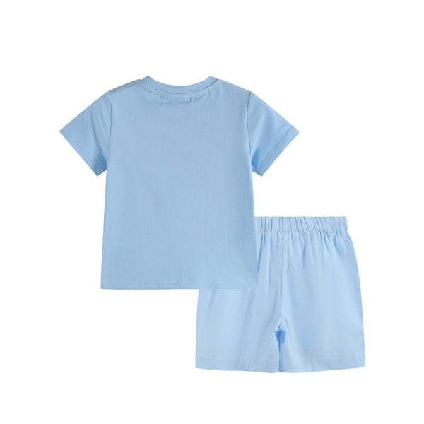 Light blue Easter smocked t-shirt and shorts set for babies, displayed at angle 5. Perfect spring outfit!