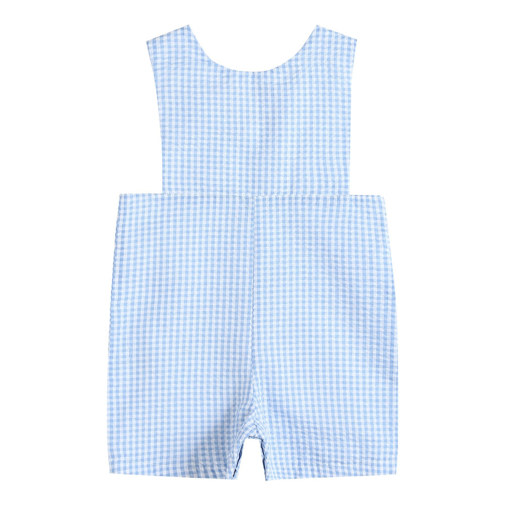 Light blue gingham jon jons shortall for babies, perfect for stylish and comfortable playtime.