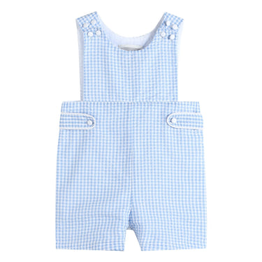 Light blue gingham jon jons shortall for babies, perfect for stylish and comfortable playtime.