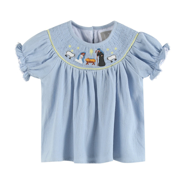 Light Blue Nativity Smocked Dress and Bloomers Set