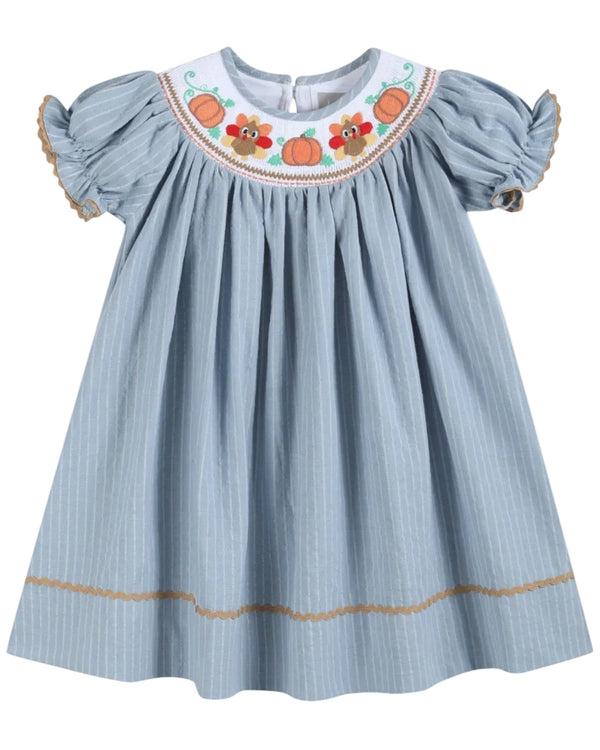 Light Blue Pinstripe Turkey Smocked Bishop Dress