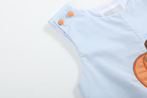 Light blue pumpkin applique overalls for babies, showcasing a cute design from angle 6.