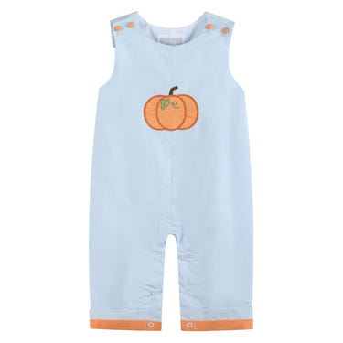 Light blue pumpkin applique overalls for babies, perfect for autumn fashion and cozy comfort.