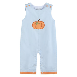 Light blue pumpkin applique overalls for babies, perfect for autumn fashion and cozy comfort.