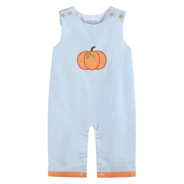 Light blue pumpkin applique overalls for babies, perfect for autumn fashion and cozy comfort.