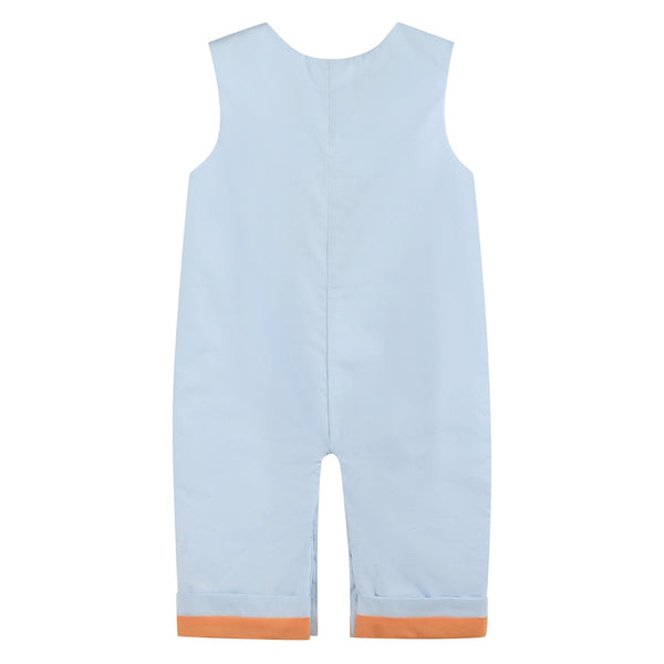 Light blue pumpkin applique overalls for babies, showcasing a cute design from an angled view.