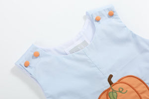 Light blue pumpkin applique overalls for babies, shown from angle 5, perfect for fall fashion.