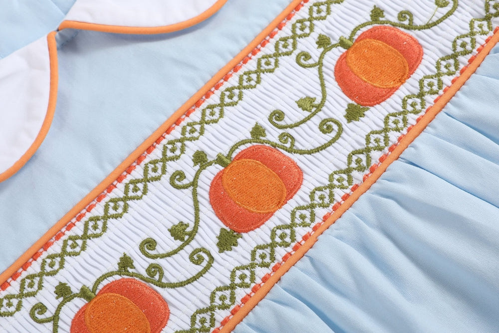 Light blue pumpkin vine smocked collared romper for babies, perfect for stylish and comfortable wear.