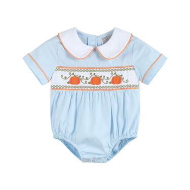 Light blue pumpkin vine smocked collared romper for babies, perfect for stylish and comfortable wear.