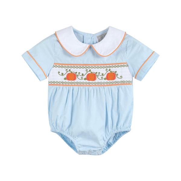Light Blue Pumpkin Vine Smocked Collared Romper